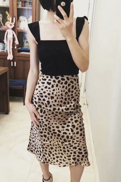 Sexy Elegant Girls Elastic Waist Leopard Print Mid A-Line Skirt in Brown