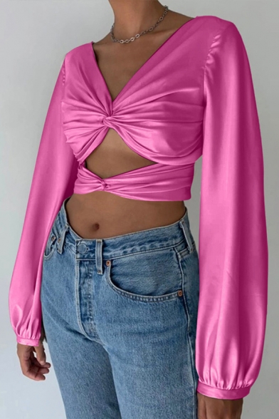 Sexy Girls Blouson Sleeve Deep V-neck Twist Front Ruched Open Back Midriff Crop Top