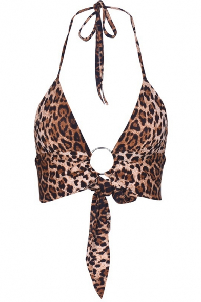 Sexy Ladies Sleeveless Deep V-Neck Halter Tied O Ring Leopard-Printed Open Back Bustier Top in Brown