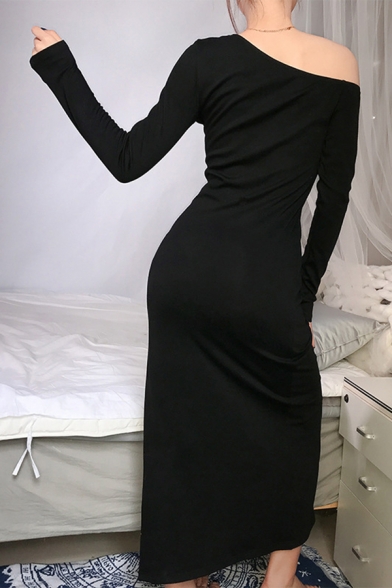 Sexy Open Shoulder Long Sleeve Side Button Decorated Split Black Midi Cocktail Party Dress