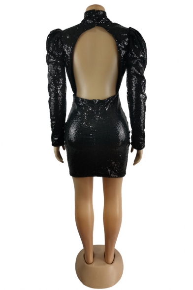 Sexy Plain Glitter Hollow-Out Front Puff Long Sleeve Backless Mini Sequined Bodycon Dress for Party