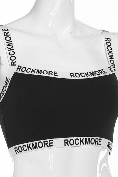 Sexy Sport Girls' Sleeveless Contrast Stitch Letter ROCK MORE Slim Crop Tank Top in Black