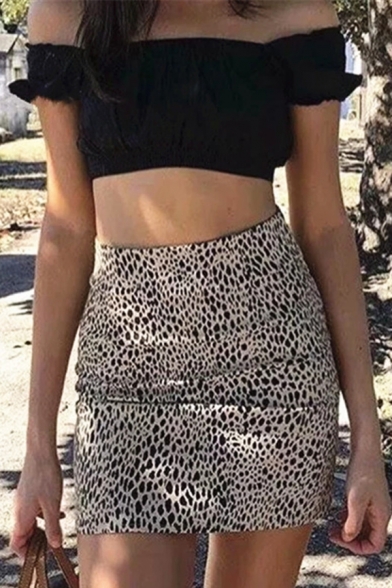 Sexy Street Ladies' High Waist Leopard Print Mini Tight Skirt in Brown