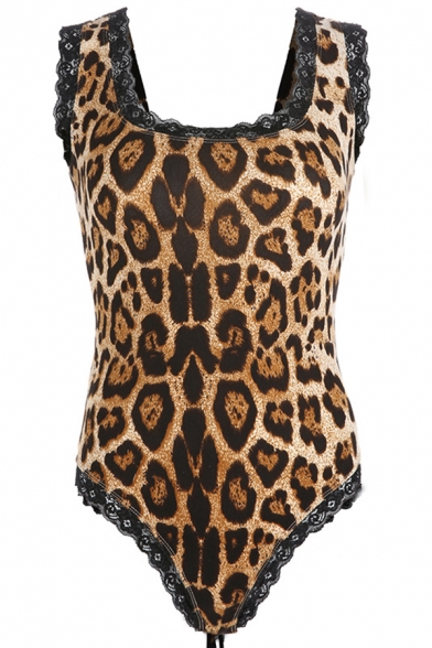 Sexy Women's Sleeveless Scoop Neck Lace Trim Leopard Print Lace Up Back Slim Bodysuit