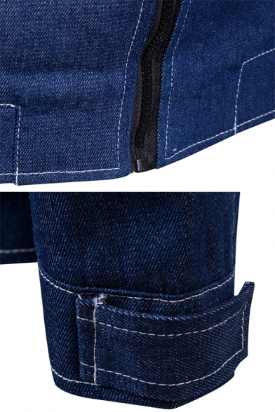 Simple Plain Drawstring High Collar Long Sleeve Zip Up Slim Fit Casual Denim Jacket with Flap Pocket
