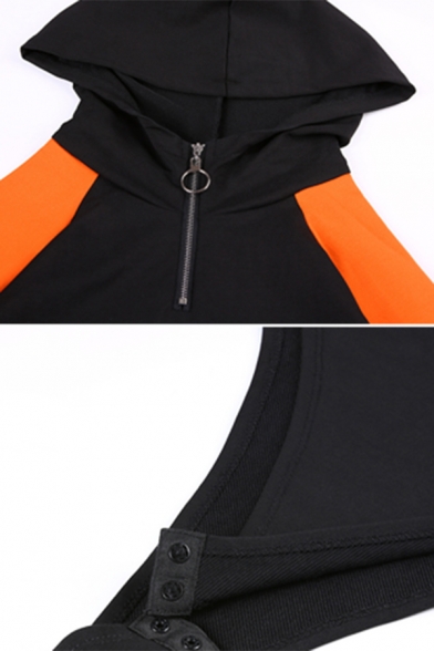 Sport Cool Contrast Sleeve Hooded Half Zip Letter I'M NOT YOUR HOTTY Print Slim Black Bodysuit for Girls