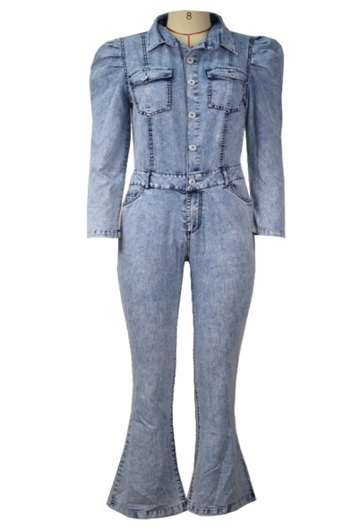 Stylish Ladies' Long Sleeve Mid Rise Button Down Contrast Piped Full Length Slim Fit Flared Denim Jumpsuit in Light Blue