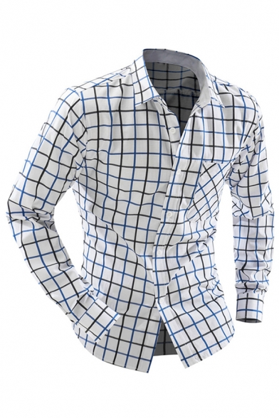 Trendy Colorblocked Grid Pattern Long Sleeve Button Down Slim Fit Casual Shirt for Men