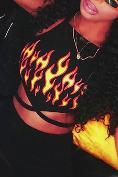 Unique Cool Female Sleeveless Halter Flame Patterned Open Back Hollow Crop Tank Top for Club