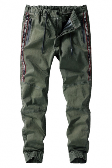 Unique Letter Tape Embellished Zip Front Army Green Plain Casual Pencil Pants