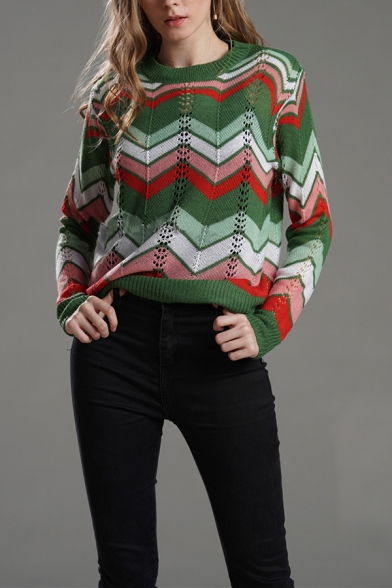 Women Color Block Zigzag Pattern Long Sleeve Pointelle Knitted Regular Pullover Sweater