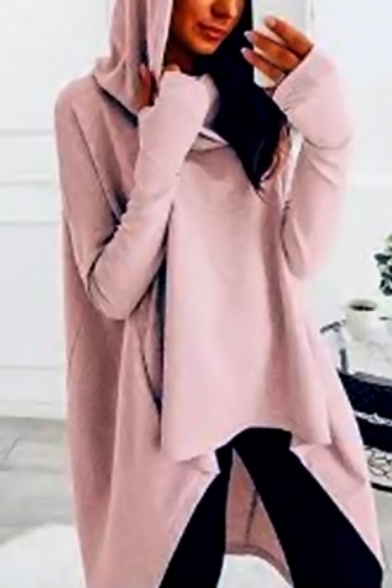 Womens Active Popular Solid Color Long Sleeves High Low Loose Asymmetric Hoodie