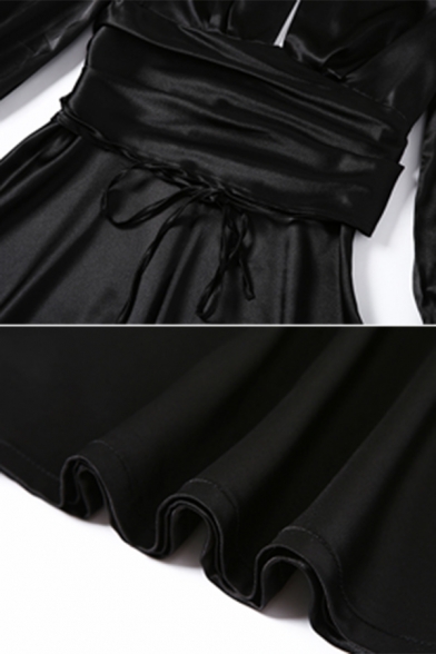Womens Black Elegant Puff Long Sleeve Hollow Out Front Backless Mini A-Line Dress for Party
