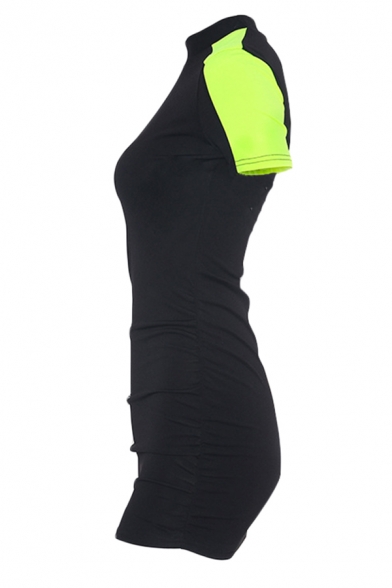 Womens Casual Color Block Panel Short Sleeve Mock Neck Slim Fit Black Mini T-Shirt Dress