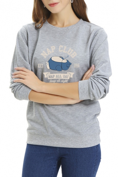 Womens Casual NAP CLUB Letter Cartoon Printed Long Sleeve Crew Neck Pullover Sweatshirt