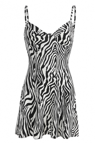 Womens Casual Party Clothing Black and White Zebra Print Mini A-Line Strap Dress