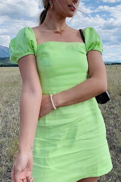 Womens Casual Plain Light Green Lantern Short Sleeve Square Neck Mini A-Line Day Dress