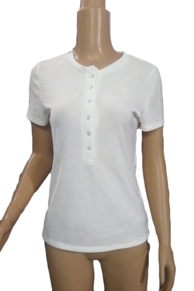 Womens Casual Plain Short Sleeve Popper Button Down Slim Fit Henley T-Shirt