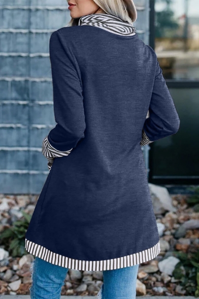 Womens Chic Stripe Trim Pocket Cowl Neck Long Sleeve Longline Asymmetric T-Shirt Top