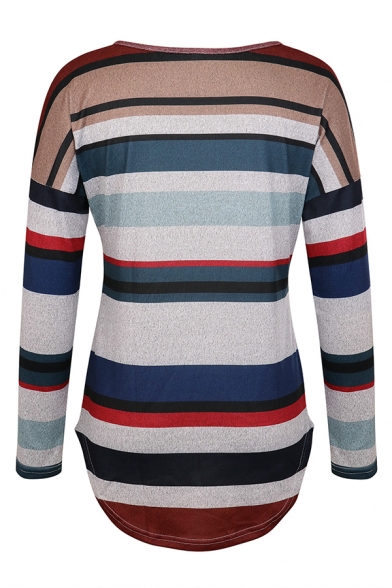 Womens Chic Stripes Printed Round Neck Arc Hem Loose Long Sleeves Pullover T-Shirt
