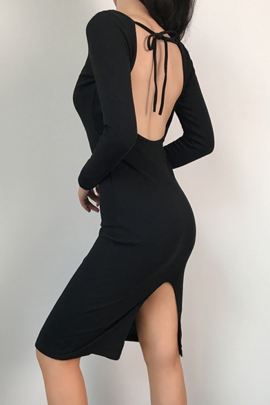 Womens Classic Black Plain Tied Open Front Long Sleeve Back Split Midi Party Dress