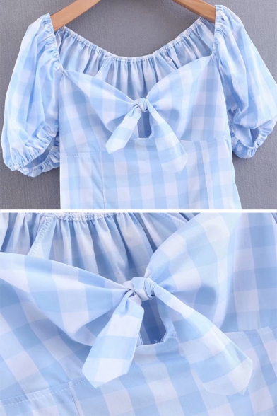 Womens Classic Bowknot Front Check Print Puff Short Sleeve Blue Mini A-Line Sweetheart Dress
