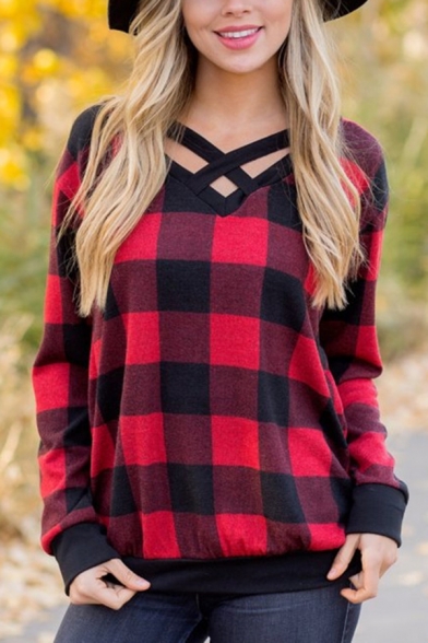 Womens Classic Plaid Pattern Crisscross V-Neck Long Sleeve Fitted Top T-Shirt
