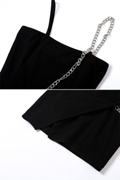 Womens Cool Chain Decoration Slit Detail Plain Black Mini Slip Dress for Party