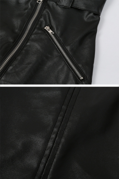Womens Cool One Shoulder Asymmetric Zip Placket Belted Black Faux Leather Mini Biker Dress