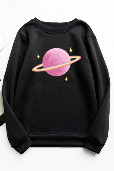 Womens Cute Pink Planet Printed Crewneck Long Sleeve Loose Pullover Sweatshirt