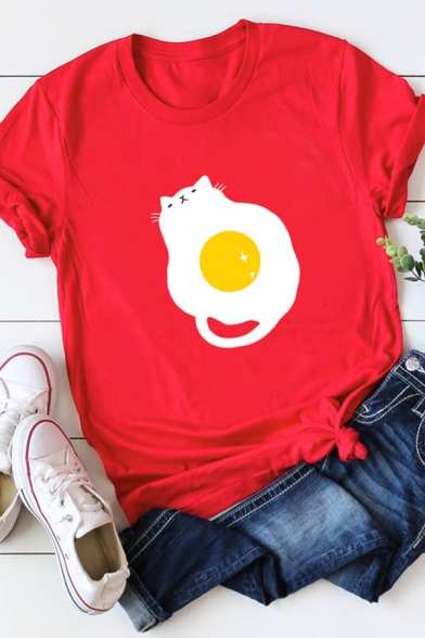 Womens Cute Poached Egg Cat Printed Short Sleeve Casual T-Shirt