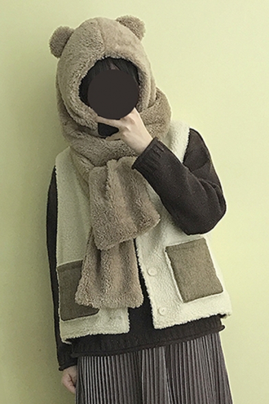 Womens Cute Warm Plain Fluffy Fleece Hooded Scarf with Bear Ear