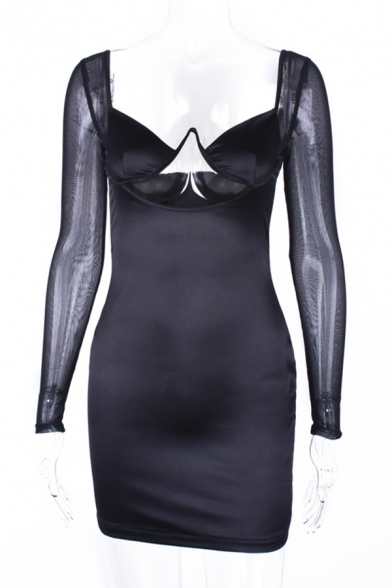 Womens Fashionable Plain Black Hollow Out Detail Mesh Panel Long Sleeve Sexy Mini Fitted Dress