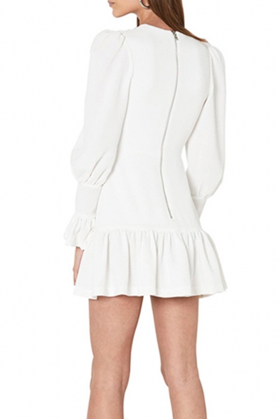 Womens Fashionable White Bell Long Sleeve V-Neck Ruffle Hem Mini Party Dress