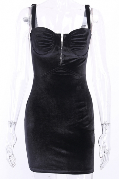 Womens Sexy Plain Sleeveless Black Velvet Fitted Mini Bustier Strap Dress for Party