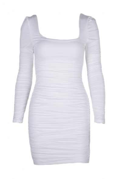 Womens Simple Backless Square Neck Long Sleeve Plain Club Wear Mini Bodycon Dress