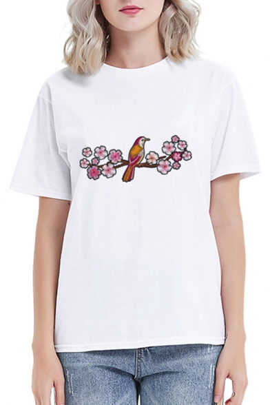 Womens Simple Floral Butterfly Bird Printed Short Sleeve Regular Daily Wear White T-Shirt