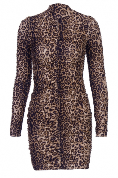 Womens Simple Leopard Pattern Long Sleeve High Collar Brown Mini Ruched Dress for Party