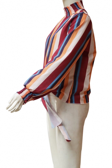 Womens Stylish Colorful Vertical Striped Print Ruched High Collar Long Sleeve Tied Hem Loose Fit Casual Shirt