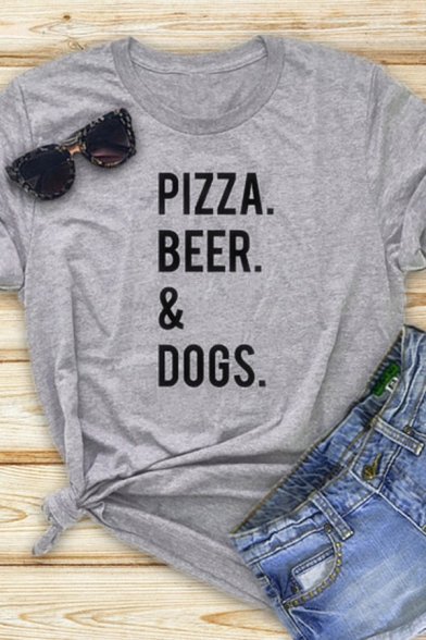 Womens Summer Chic Letter PIZZA BEER & DOGS Printed Rolled Short Sleeve Gray T-Shirt