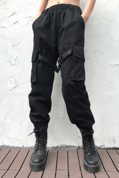 Black Causal Elastic Waist Buckle Detail Pocket Cuffed Full Length Oversize Cargo Trousers for Cool Girls