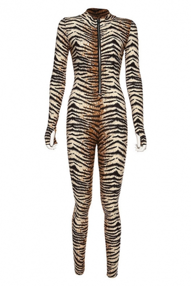 Brown Sexy Street Long Sleeve Deep V-Neck Tiger Printed Zipper Front Long Stretchy Tight Jumpsuit for Women