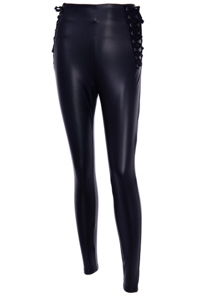 Casual Sexy Ladies' High Waist Lace Up Side Zipper Back Leather Long Skinny Pants in Black