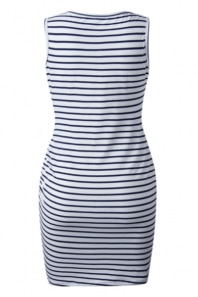 Casual Women's Sleeveless Short Sleeve Stripe Print Cotton Short Bodycon Bandage Dress in Navy Blue