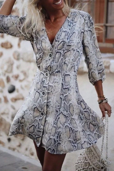 Chic Elegant Ladies' Blouson Sleeve Deep V-Neck Snake Print Short A-Line Shirt Dress in Apricot