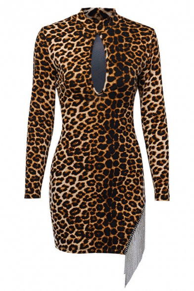 Classic Leopard Pattern Long Sleeve Hollow Out Front Rhinestone Tassel Brown Mini Party Dress