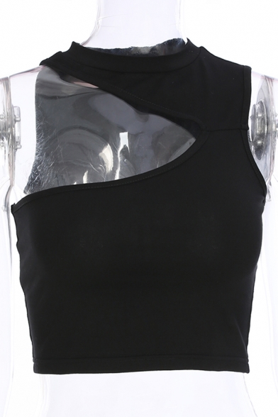 Cool Black Sleeveless One-Shoulder Choker Cotton Fitted Crop Top for Girls