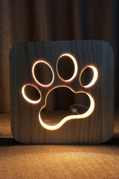 Creative Dog Paw Hollow Out USB Power Wooden Table Lamp Bedroom Decoration Night Light