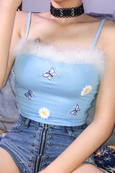Cute Blue Women's Sleeveless Butterfly and Flower Pattern Fluffy Slim Fit Crop Cami Top