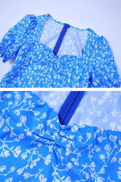 Cute Girls' Puff Sleeve Sweetheart Neck Floral Print Zipper Back High Split Side Long Flowy Dress in Light Blue